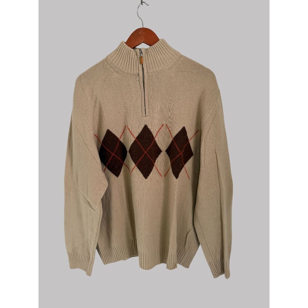 Matteo Volpi Beige Argyle Pattern Half-Zip Sweater M Wool & Cashmere Blend Unise